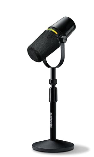 Shure MV7+ Podcast Dynamic Microphone with Stand – OBS Certified, Enhanced Audio, LED Panel, USB-C & XLR Outputs, Auto Level Mode, Digital Pop Filter – for Podcasting, Streaming, and Recording, Black