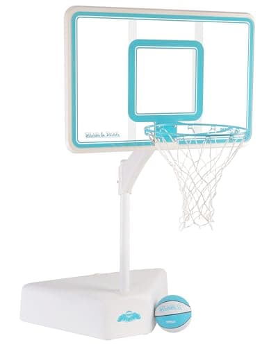 Dunn-Rite Splash & Shoot Outdoor Adjustable Height Swimming Pool Basketball Hoop w/Ball, Base, & 18 Inch Stainless Steel Rim, Made in USA, Clear