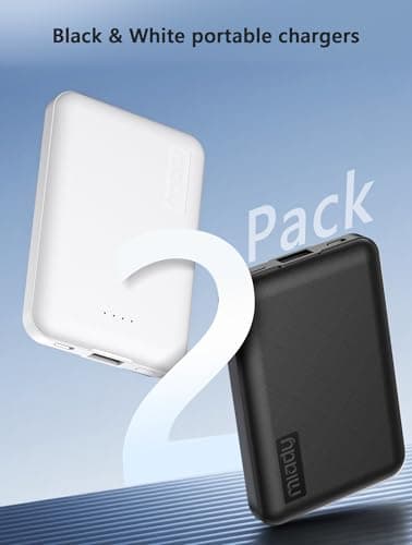 Miady 2-Pack 5000mAh Mini Portable Charger, 5V 2.4A USB-C Output Fast Charging Power Bank for Travel Small Battery Pack Compatible with iPhone 17/16/15 Galaxy S24/S22 iPad Android etc (White+Black) 2