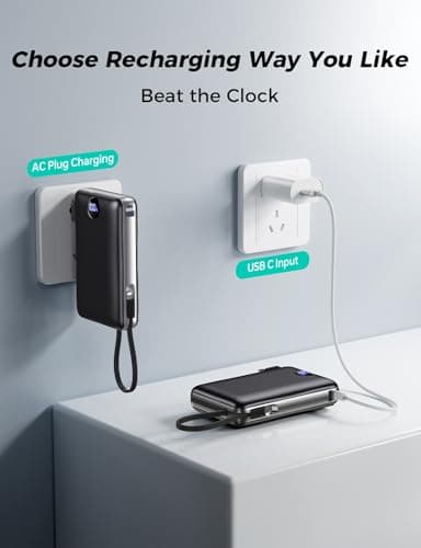 50000 mAh Portable Charger with Built in Cable & Wall Plug, Power Bank, 4 Outputs, 22.5W Fast Charging, Travel Essential Battery Pack with LED Display for iPhone 17/16/15/14 Series, Samsung, iPad 4