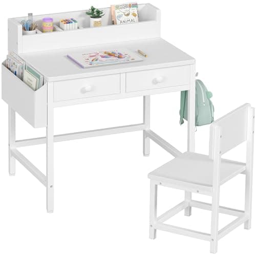 BOLUO White Kids Desk and Chair Set for 5-8 Year Old, Small Child Desk with Fabric Drawer, Children Study Table with Storage Girls Boys