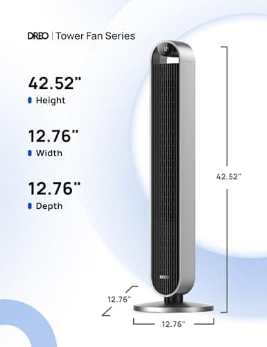 Dreo Tower Fan for Bedroom, 42 Inch 120° Oscillating Fan, 25dB Quiet DC Motor, 28ft/s Velocity Bladeless Standing Fan with 12 Speeds, 4 Modes, 12H Timer Cooling Fans for Home, Living Room, Pilot Max S 2