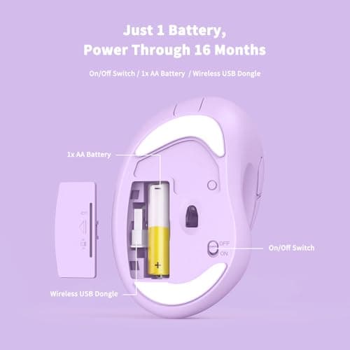 Ergonomic Wireless Mouse with USB Receiver for PC Computer, Laptop and Desktop, Ergo Mouse Vertical with Silent Clicks Long Battery Life, Up to 1600 DPI & 1 AA Battery Powered, Purple 4