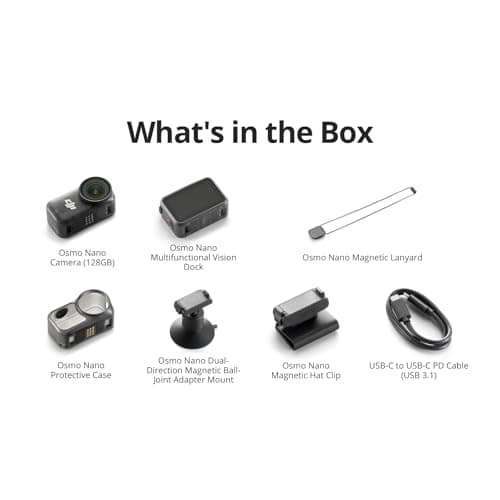 DJI Osmo Nano Standard Combo (128GB) - Small 4K/60fps Vlogging Camera with a 1/1.3″ Sensor, 143° Wide FOV Video, 200-Min Recording, Swift Content Transfer, Magnetic POV Cam 4K for Sports, Vlog 4
