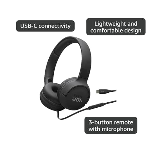 JBL Tune 520C - USB-C Wired on-Ear Headphones with Hi-Res Audio Support, JBL Pure Bass Sound, Comfort fit, USB-C connectivity, 3-Button Remote with Microphone and EQ presets Control (Black) 2