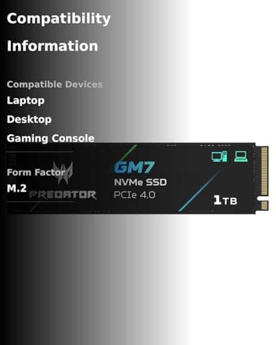 Acer Predator GM7 1TB SSD: M.2 2280 PCIe Gen 4 x4 NVMe 2.0, Read Speed Up to 7400 MB/s, Internal PC Solid State Drive for Laptop, Desktop and PS5 3