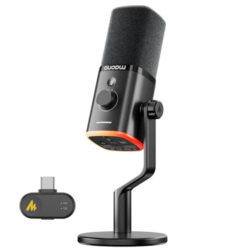 MAONO PD100W Wireless/USB Microphone, PC Gaming Mic with One-Click Noise Reduction,Mute Button,Custom RGB, 3.5mm Headphone Jack, Desktop Dynamic Streaming Mic for Recording,Podcasting, Black