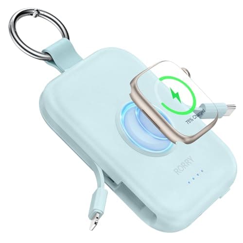 RORRY Portable Charger, 5000mAh Portable Charger Power Bank with Built-in Cables, Travel Keychain Battery Pack for Apple Watch Ultra/11/10/9/8/7/6/SE, iPhone Air/17/16/15/14/13/12, Blue