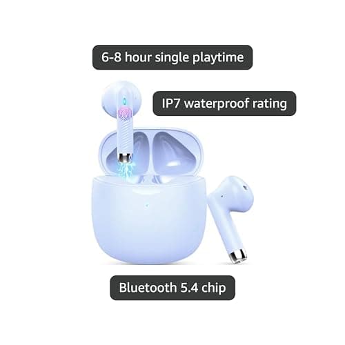 Wireless Earbuds, Bluetooth 5.4 Earbuds Stereo Bass, Bluetooth Headphones in Ear Noise Cancelling Mic, Earphones IP7 Waterproof Sports, 32H Playtime USB C Charging Case Purple Ear Buds for Android iOS 2