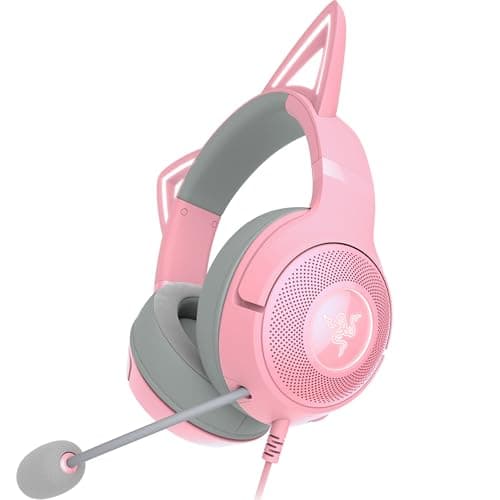 Razer Kraken Kitty V2 USB Wired Headset: Chroma RGB Kitty Ears - Stream Reactive Lighting - HyperClear Cardioid Mic - 40 mm Drivers - 7.1 Surround Sound - Comfortable Ear Cushions - Quartz Pink
