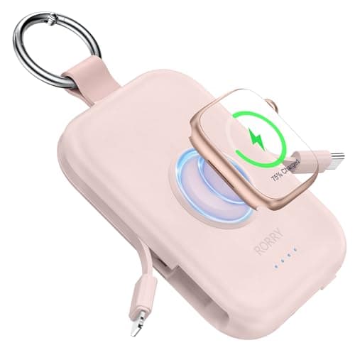 RORRY Portable Charger, 5000mAh Portable Charger Power Bank with Built-in Cables, Travel Keychain Battery Pack for Apple Watch Ultra/11/10/9/8/7/6/SE, iPhone Air/17/16/15/14/13/12, Pink