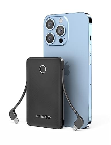 miisso 6000mah Ultra Slim Built in Cables Power Bank, Card Size Built in USB C Cords Battery Pack Portable Charger for Phones, 3 Output External Battery Pack Compatible with iPhone, Deep Black
