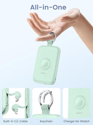 RORRY Portable Charger, 10000mAh PD 20W Fast Charging Portable Charger Power Bank with Built in Cables, Travel Battery Pack for iPhone 17/16/15/14/13/12 and Apple Watch Ultra/11/10/9/8/7/6/5, Green 2