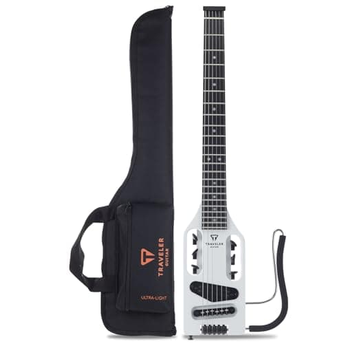 Traveler Guitar Ultra-Light Electric Guitar Satin White | Portable Electric with Removable Lap Rest | Full 24 3/4" Scale Headless Guitar | Custom Gig Bag Included