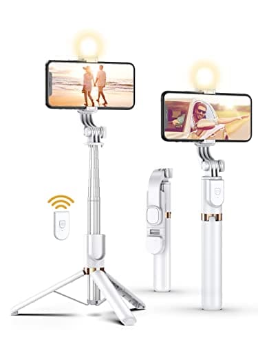 Selfie Stick Tripod with Wireless Remote, 46'' Cellphone Selfie Stick Tripod with LED Fill Light, for iPhone 16/15/14/14 pro/13/13 Pro/12/11/11 Pro/XS Max/XS/XR/X/8/7 and Android Smartphone(Upgrade)