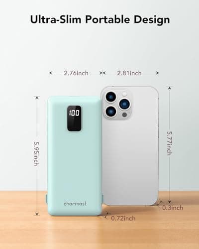 charmast Portable Charger with Built-in Cables and Plug, 10000mAh USB C Power Bank Fast Charging, External Battery Pack Slim, Travel Essentials Compatible with iPhones, Samsung Galaxy, iPad 3