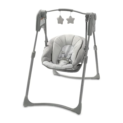 Graco Slim Spaces Compact Baby Swing, Space Saving Portable Bay Swing with Height Adjustable Legs & Soft Toys, Reign