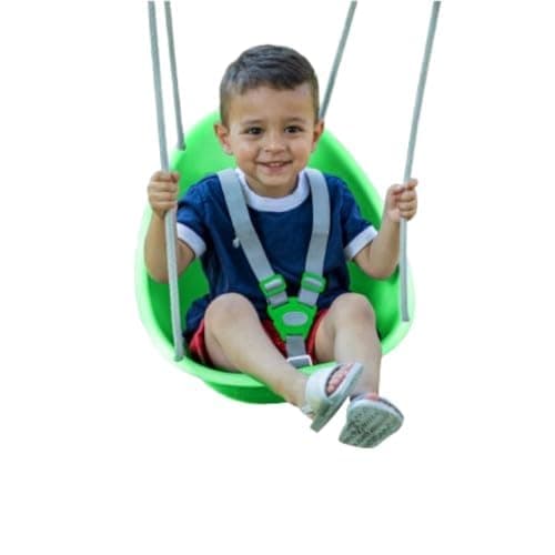 Swurfer Coconut Toddler Swing – Comfy Baby Swing Outdoor, 3-Point Adjustable Safety Harness, Secure, Safe Quick Click Locking System, Blister-Free Rope, Ages 9 Mos and Up, Green