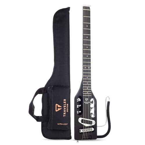 Traveler Guitar Ultra-Light Electric Guitar Matte Black | Portable Electric with Removable Lap Rest | Full 24 3/4" Scale Headless Guitar | Custom Gig Bag Included