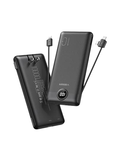 VEGER Portable Charger for iPhone Built in Cables and Wall Plug, 10000mah Slim Fast Charging USB C Power Bank, Travel Essential Battery Pack Compatible with iPhones, iPad, Samsung More Devices(Black)