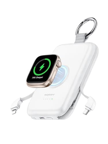 RORRY Portable Charger, 10000mAh PD 20W Fast Charging Portable Charger Power Bank with Built in Cables, Travel Battery Pack for iPhone 17/16/15/14/13/12 and Apple Watch Ultra/11/10/9/8/7/6/5, White