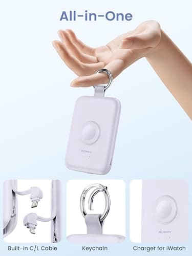 RORRY Portable Charger, 10000mAh PD 20W Fast Charging Portable Charger Power Bank with Built in Cables, Travel Battery Pack for iPhone 17/16/15/14/13/12 and Apple Watch Ultra/11/10/9/8/7/6/5, Purple 2