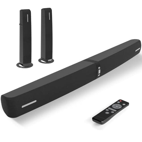 Assistrust Sound Bar for Smart TV,90W Soundbar with Bluetooth/ARC/Optical/AUX Connect, Auto Volume Boost, 3 Customizable Equalizer Modes, 2 in 1 Detachable Soundbar for TV/PC/Gaming/Projectors