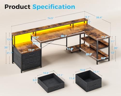 ODK 75" L Shaped Desk with File Drawers, L Shaped Office Desk with Power Outlet & LED Strip, Reversible Computer Desk with Storage Shelves, Gaming Desk with Monitor Shelf, Corner Table, Vintage 3