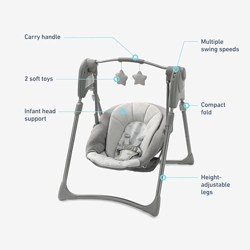 Graco Slim Spaces Compact Baby Swing, Space Saving Portable Bay Swing with Height Adjustable Legs & Soft Toys, Reign 3