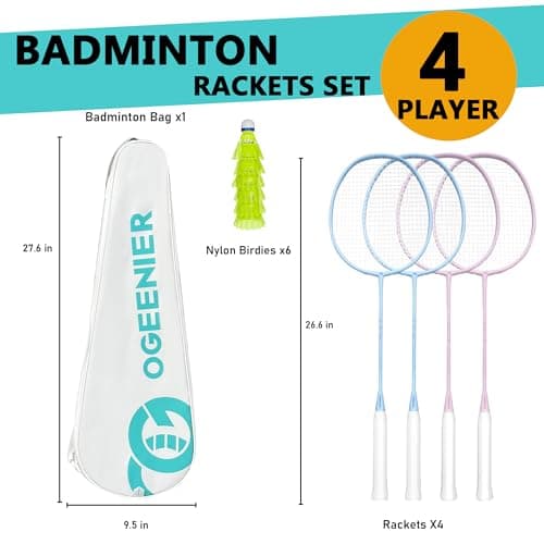 OGEENIER Badminton Rackets, 4 Pack, Lightweight Badminton Racquet for Beginner, Pink and Blue Badminton Set with 6 Nylon Shuttlecocks 3