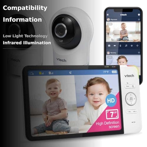 VTech RM7764-2HD Smart WiFi 2 Camera BabyMonitor, 360° Pan&Tilt, 10X Zoom, 7” HD Display & NightVision, Soothing Sounds, 2-Way Talk, Temperature & Motion Detection 2