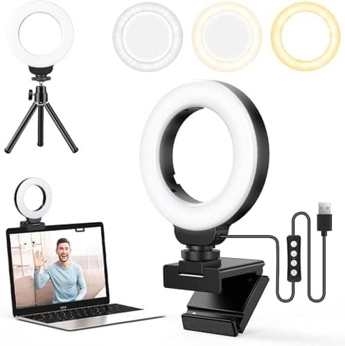 FDKOBE Ring Light for Laptop/Computer,Zoom Call, 4'' Small Video Conference Lighting with Webcam Style Mount and Tripod,3 Light Modes&10 Brightness Levels,Selfie