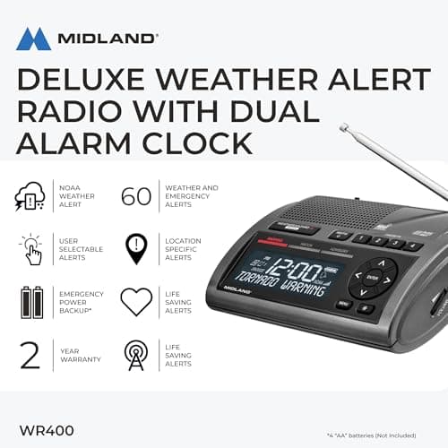 Midland - WR400 Weather Radio Deluxe - NOAA Emergency Alert Scanner – Home Use with Battery Backup - Local County Programming Over 80 Emergency Voice Flashing Alerts – Alarm Clock AM/FM Radio 4