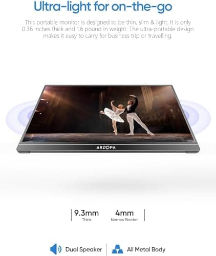 ARZOPA Portable Monitor 15.6'' FHD 1080P - Ultra-Slim Portable Laptop Monitor with Kickstand - IPS Display for PC, MAC, Phone, Xbox, PS5 - USB C & HDMI Connectivity - A1 5