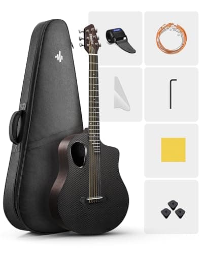 Donner Acoustic Guitar Kits for Beginners, Intermediate Learners & Adults - 38" Steel-String Guitars with Carbon Fiber Top, Wooden Bowl, Includes Free Lessons, Case, Strap (Satin, Black)