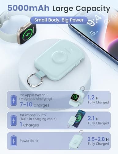 RORRY Portable Charger, 5000mAh Portable Charger Power Bank with Built-in Cables, Travel Keychain Battery Pack for Apple Watch Ultra/11/10/9/8/7/6/SE, iPhone Air/17/16/15/14/13/12, Blue 3