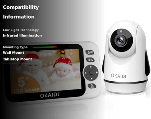 OKAIDI Video Baby Monitor with Camera and Audio, 5" Display Baby Monitor No WiFi, 30H Battery and 1000ft Range, Remote Pan-Tilt-Zoom Baby Camera, Night Vision, 2-Way Talk, ECO, Temperature, Lullaby 3