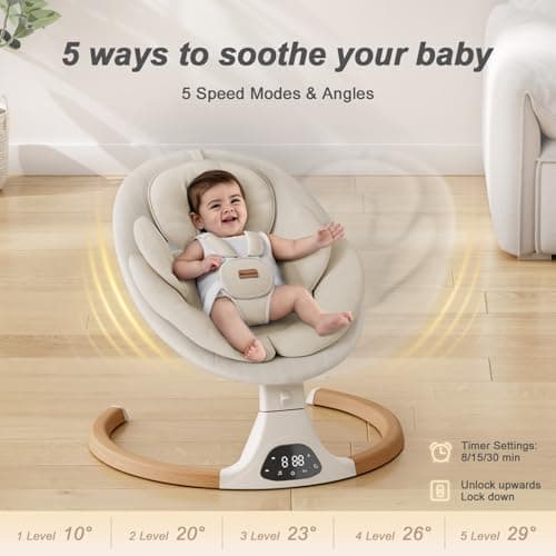 Baby Swings for Infants, Monamii Baby Swing, Infant Swing with 5 Speeds, 10 Lullabies, Electric Swing for Baby, Indoor & Outdoor Use (Beige) 4