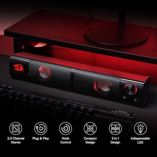 Redragon GS550 PC Gaming Speakers, 2.0 Channel Desktop Computer Sound Bar with Compact Maneuverable Size, Headphone Jack, Quality Bass & Decent Red Backlit, USB Powered w/ 3.5mm Cable 2