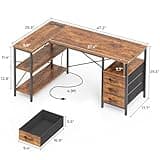 Huuger L Shaped Office Desk with Power Outlets, 47 Inch Computer Desk with 3 Drawers, Shelves, for Gaming, Corner Work, Home Office, Study, Rustic Brown 2