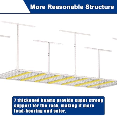 GIOTORENT 3x8FT Heavy Duty Overhead Garage Storage Rack - Adjustable Ceiling Shelving with 600lbs Weight Capacity, Metal Garage Organization System, White 7