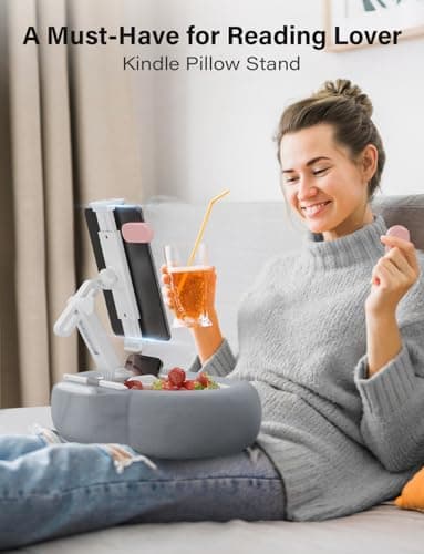 TAZENI Tablet Kindle Pillow Stand Holder with 2 Trays Fit 4''-13'' Phone/Tablet/Kindle iPad Holder Stand for Bed with Soft Plus Fabric Reading Accessories Gift for Reading, Gray 2