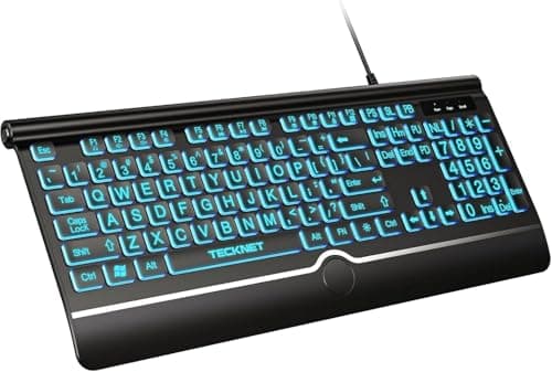 TECKNET Large Print Backlit Keyboard, Wired USB-A Computer Keyboard with Wrist Rest, 7-Color Backlit, Oversized Letter Keys Easy to See, Plug-and-Play, Silent, LED Compatible for Windows/PC/Laptop