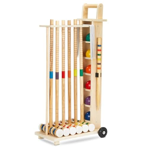 Hiboom 6 Player Croquet Set for Adults & Kids with Wooden Stand, Rubber Wooden Mallets, Colored Balls and Steel Wicket for Family & Friends, Great for Outdoor Lawn, Backyard Park