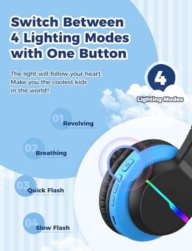 iClever BTH12 Kids Bluetooth Headphones,Colorful LED Lights,74/85dBA Safe Volume,85H Playtime,Bluetooth 5.2,Over Ear Wireless Headphone Built-in Mic for iPad/Tablet/Airplane, Deep Black 2