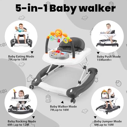 Baby Walker, 5-in-1 Baby Walkers for Boys and Girls 6-12 Months with Bouncer, Removable Footrest, Feeding Tray & Music, Foldable & Adjustable Activity Walker for 6-18 Months Toddler Infant 3