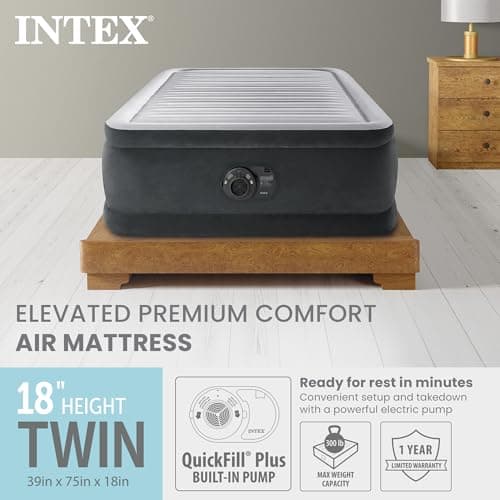 Intex Twin Size Air Mattress, 18in Height, Built-in Pump, Dura-Beam Deluxe Comfort-Plush - Portable Inflatable Blow-up Bed for Camping, Travel, Guests 3