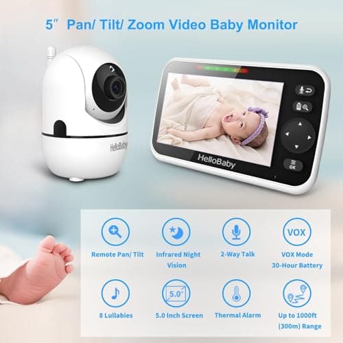 HelloBaby No WiFi Baby Monitor 5" Screen 30-Hour Battery Pan-Tilt-Zoom Video Upgrade with Camera and Audio, Night Vision, VOX, 2-Way Talk, 8 Lullabies and 1000ft Range, HB6550 2