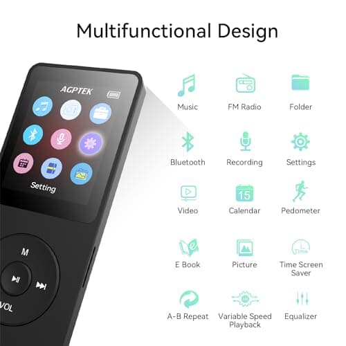 AGPTEK A02 MP3 Player with Bluetooth 5.3, 1.8 inch Screen Portable Music Player with Speaker, FM Radio, Voice Recorder, Supports Expanded Up to 128GB(Black, 32GB) 4