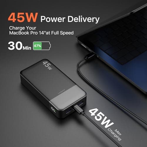 JUOVI Portable Power Bank, 20000mAh 45W Portable Charger, PD3.0 QC4.0 Fast Charging with LED Display, 2 USB-C, 2 USB-A, Battery Pack for iPhone 15 14 13 Series, MacBook, Galaxy, iPad, and More (Black) 2